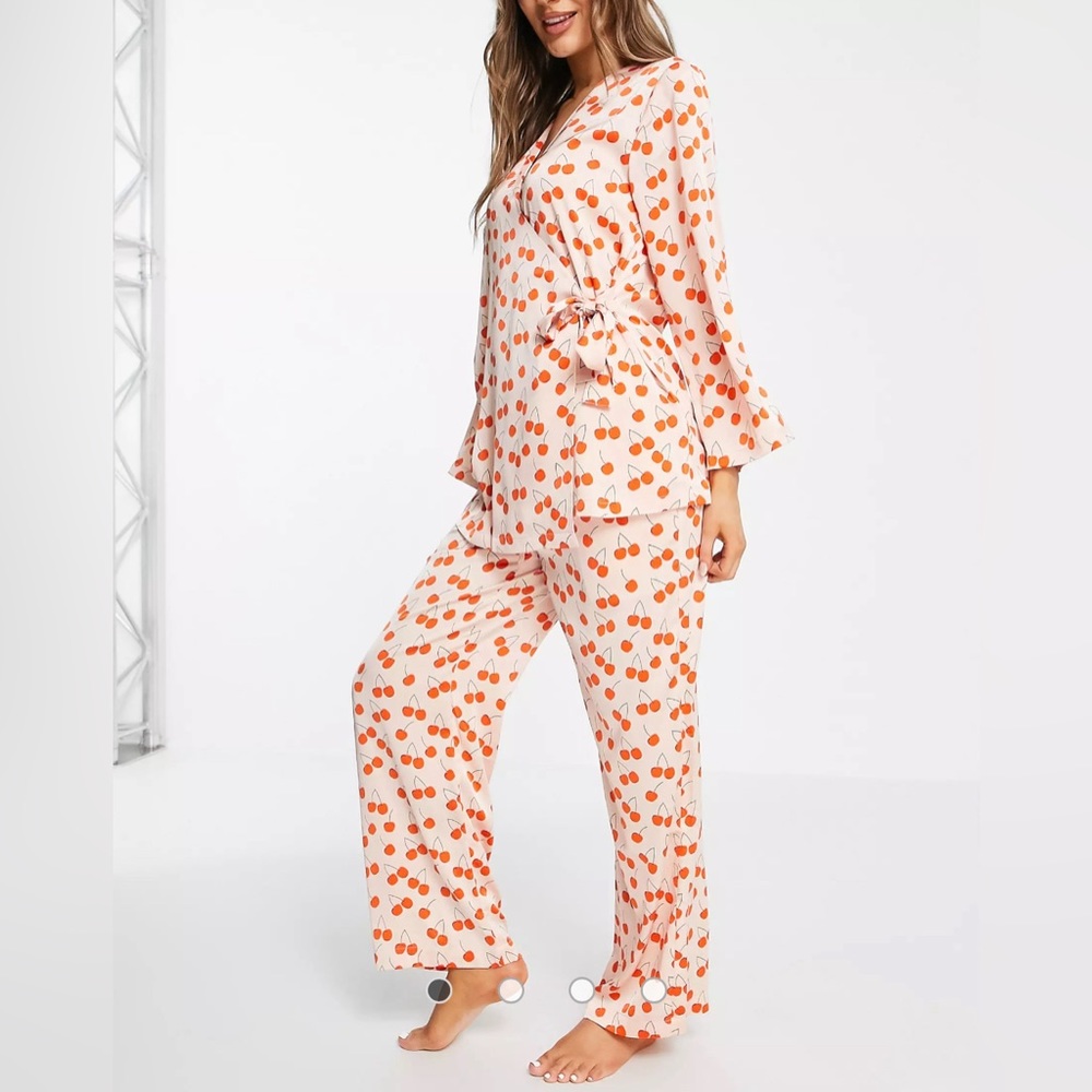 Y.A.S exclusive kimono shirt and trouser pyjama set in cherry print